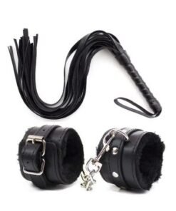 female-sex-games-leather-whip-flogger-plush-sex-handcuffs-bondage-black